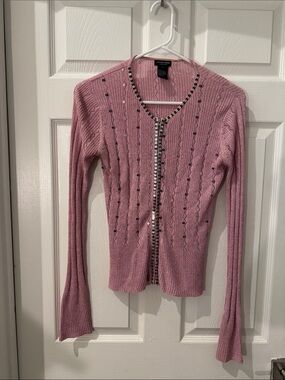 Jane Doe Pink Sequined Cable-Knit Cardigan Size Medium